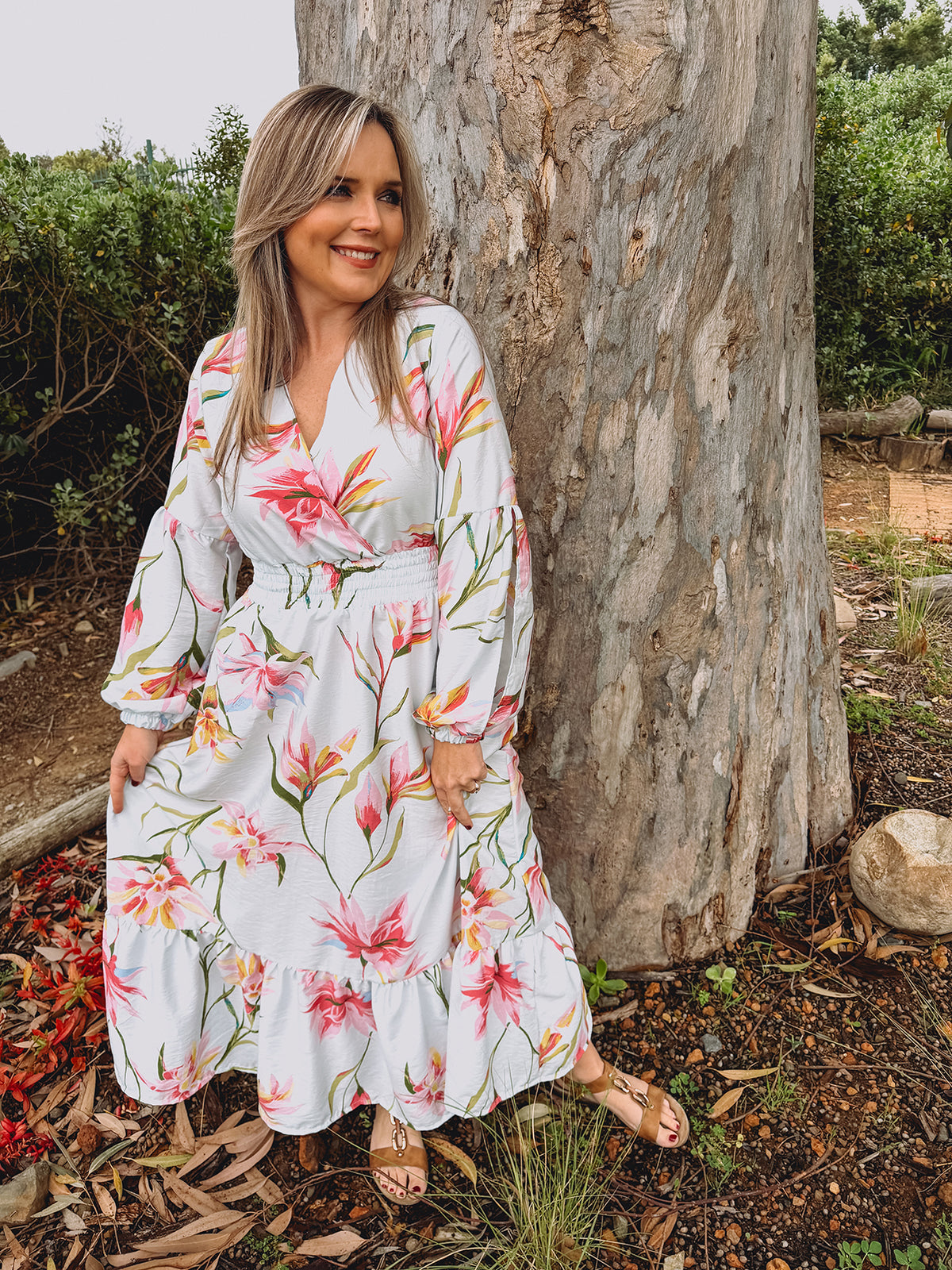 Womens Open Long sleeve Maxi Tier Dress - Powder Blue Fields