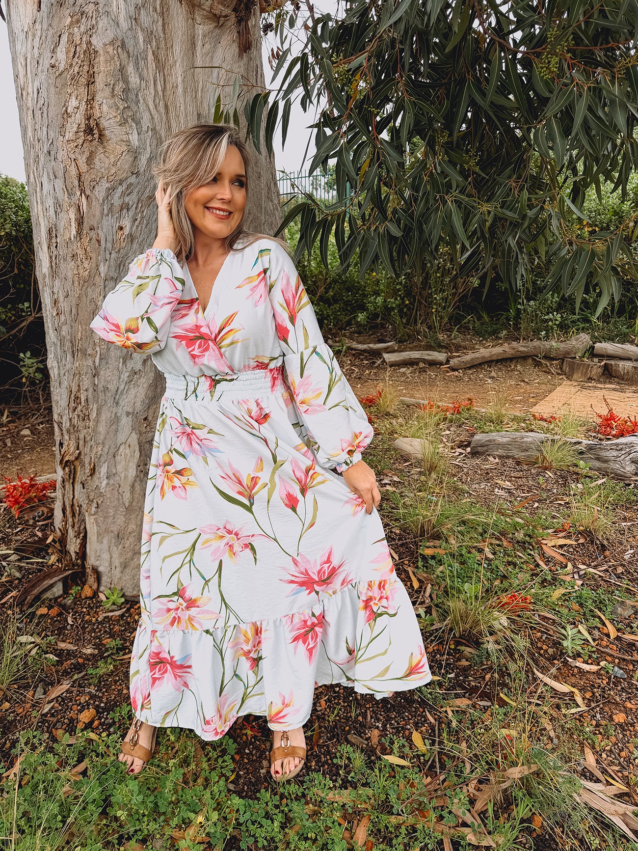 Womens Open Long sleeve Maxi Tier Dress - Powder Blue Fields