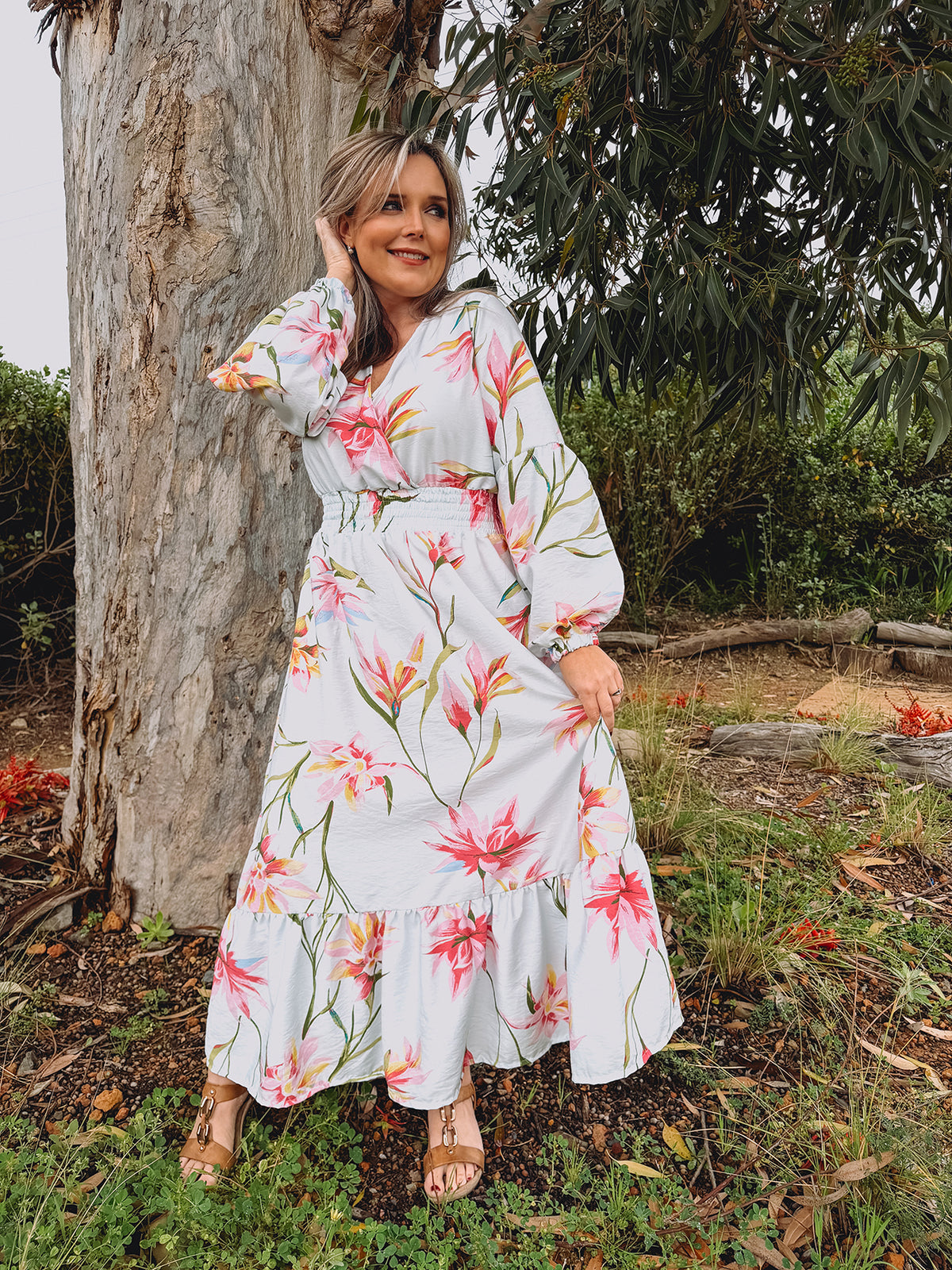 Womens Open Long sleeve Maxi Tier Dress - Powder Blue Fields
