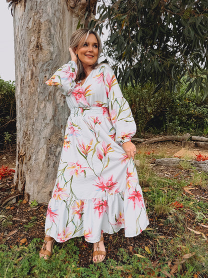 Womens Open Long sleeve Maxi Tier Dress - Powder Blue Fields