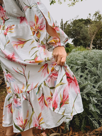 Womens Open Long sleeve Maxi Tier Dress - Powder Blue Fields