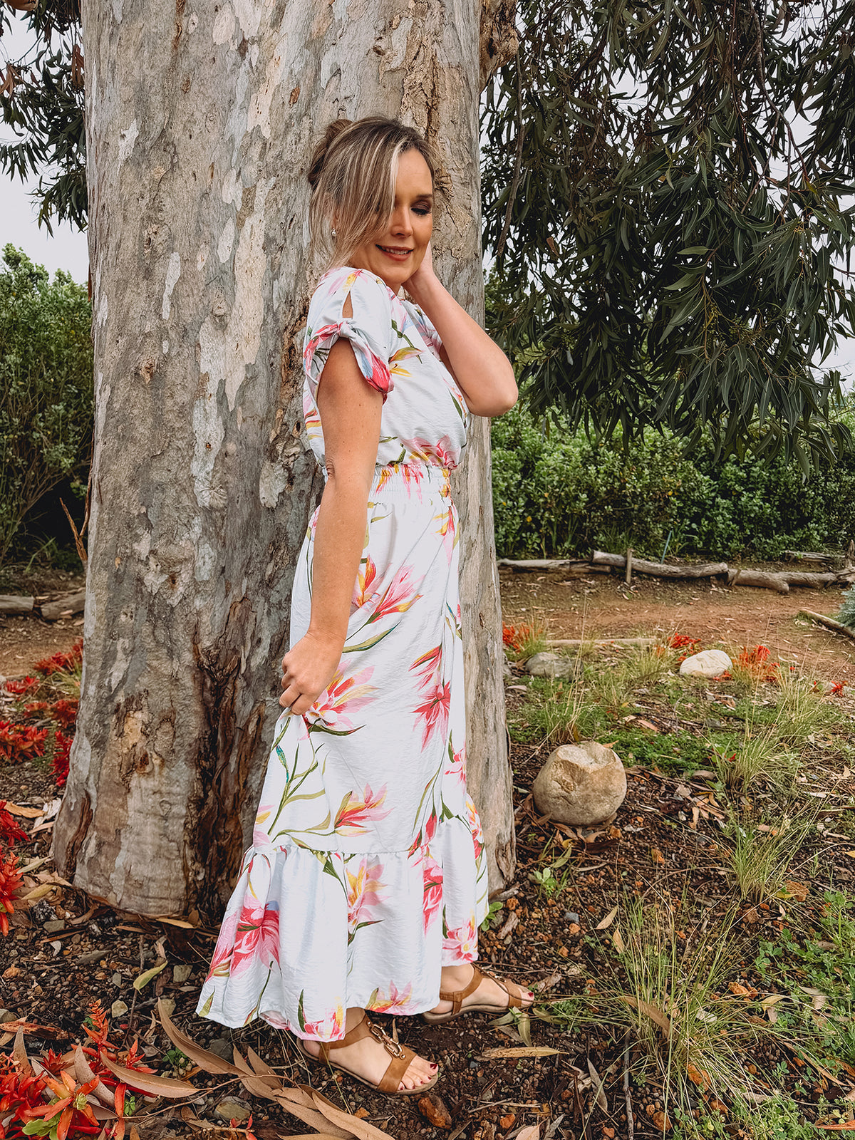 Womens Knotted Short sleeve Maxi Tier Dress - Powder Blue Fields