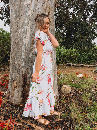 Womens Knotted Short sleeve Maxi Tier Dress - Powder Blue Fields