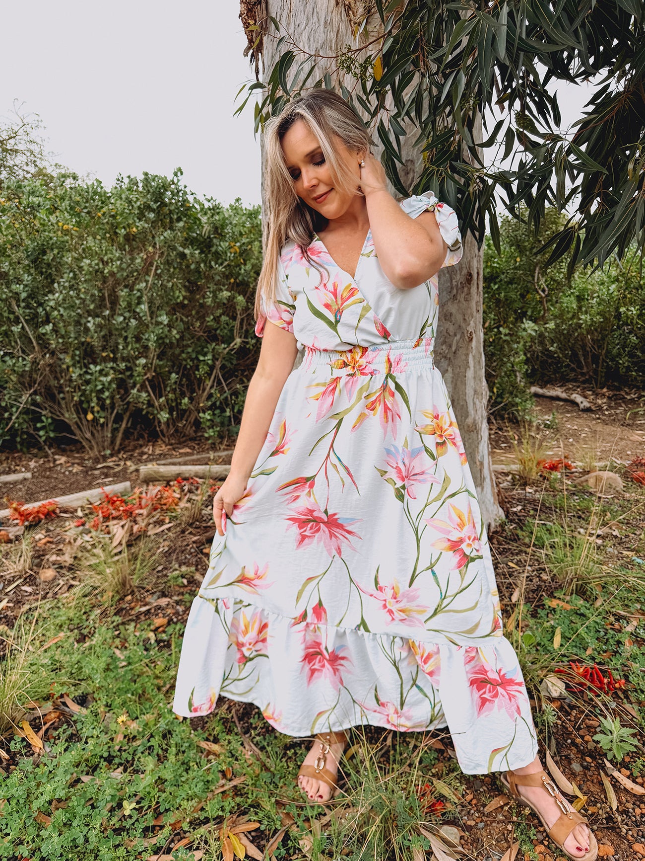 Womens Knotted Short sleeve Maxi Tier Dress - Powder Blue Fields