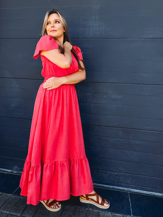 Womens short Sleeve Maxi Tier Dress - Watermelon