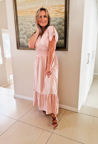 Womens Knotted Lace Short sleeve Maxi Tier Dress - The Pink Blessing