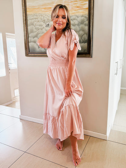 Womens Knotted Lace Short sleeve Maxi Tier Dress - The Pink Blessing