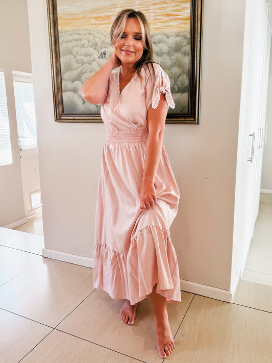 Womens Knotted Lace Short sleeve Maxi Tier Dress - The Pink Blessing