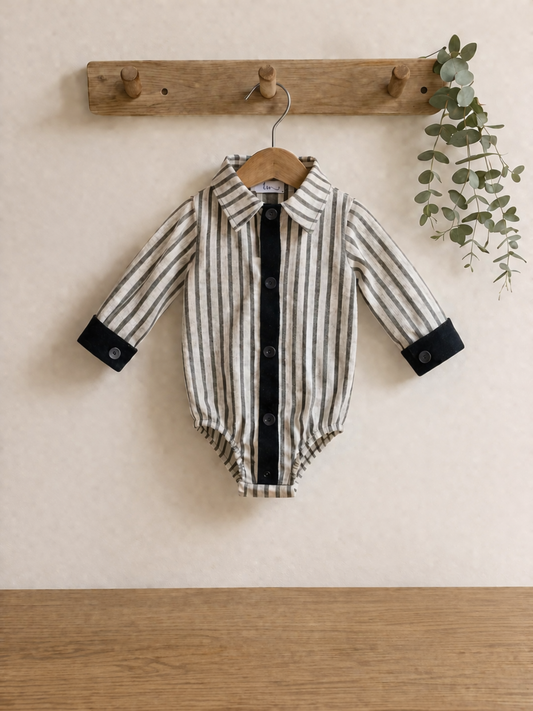 Navy/White Stripes Collared Onesie - long sleeves