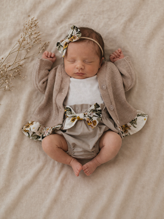 Burnt Sugar Knitted Cardigan with floral frill (onesie + bloomer and accessories sold separately)