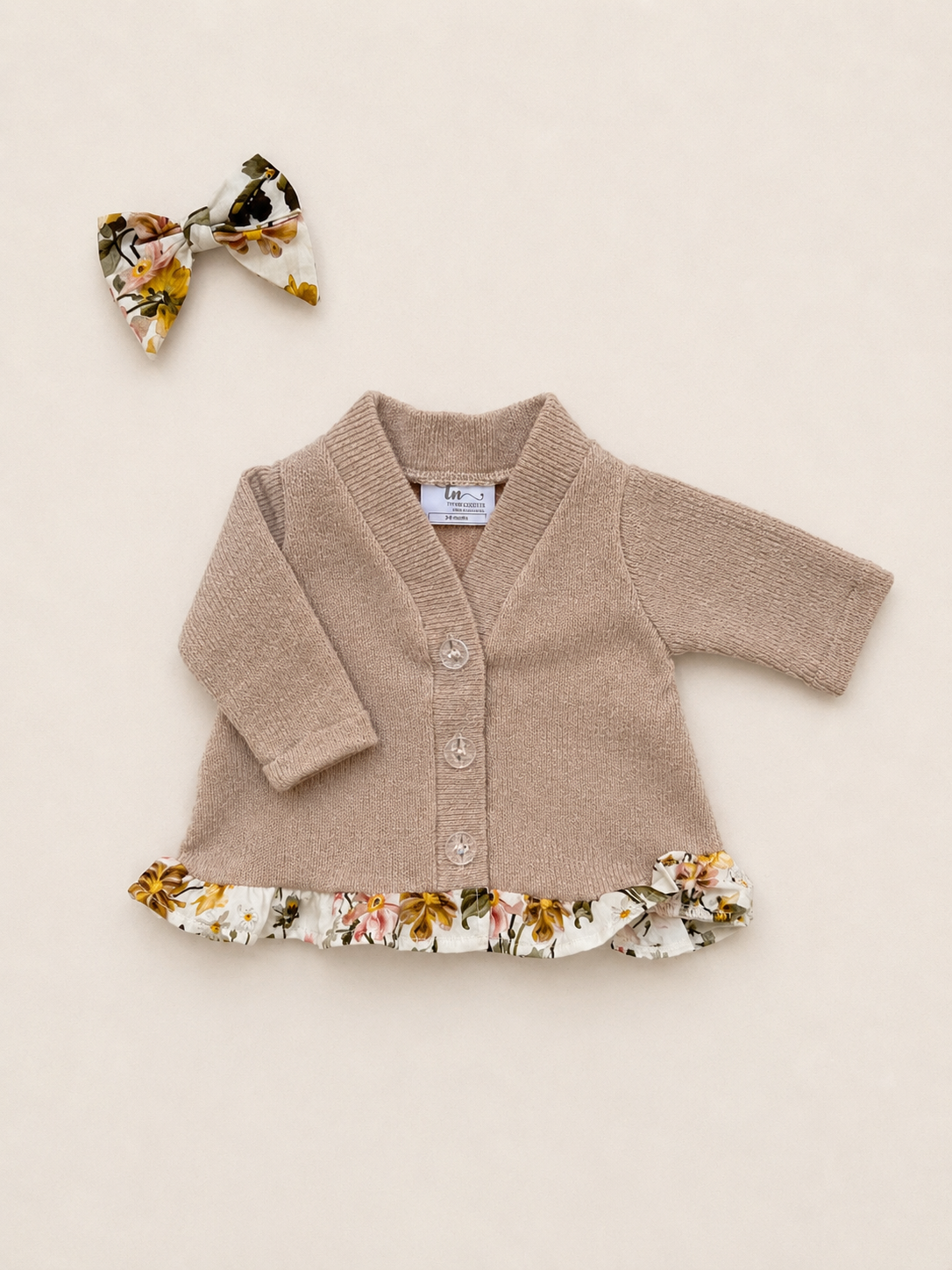 Burnt Sugar Knitted Cardigan with floral frill (onesie + bloomer and accessories sold separately)