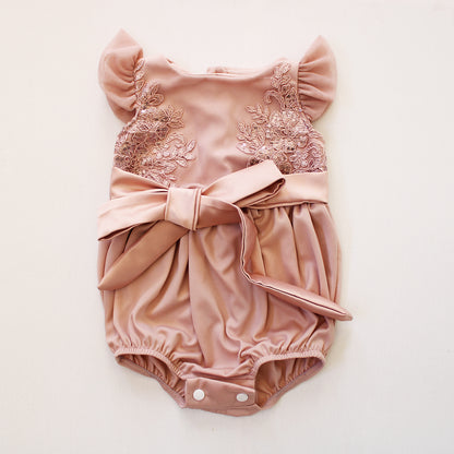Isabella Dusty Pink Lace Romper + Headband (shoes sold seperately)