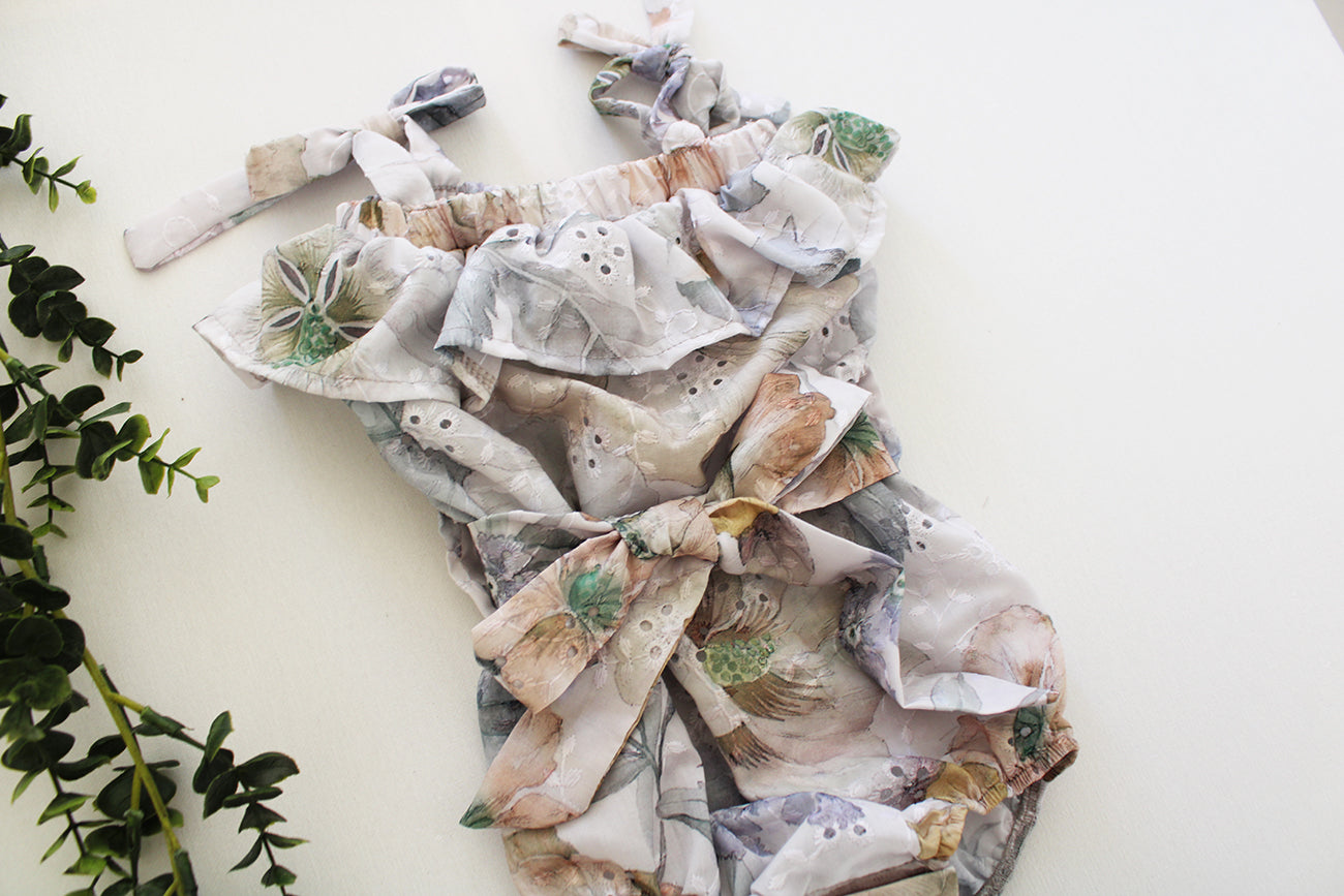 Bubble Tie Strap Romper with Belt - Anglaise Meadow at Dawn (headband sold separately)