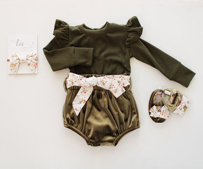 Frilly long sleeve Onesie - Olive Branch (accessories sold separately)