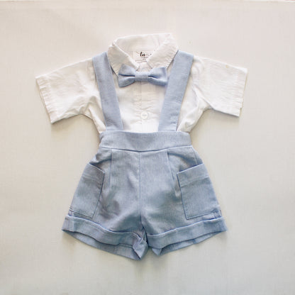 The Blue Blessing Suspender shorts (accessories + onesie sold separately)