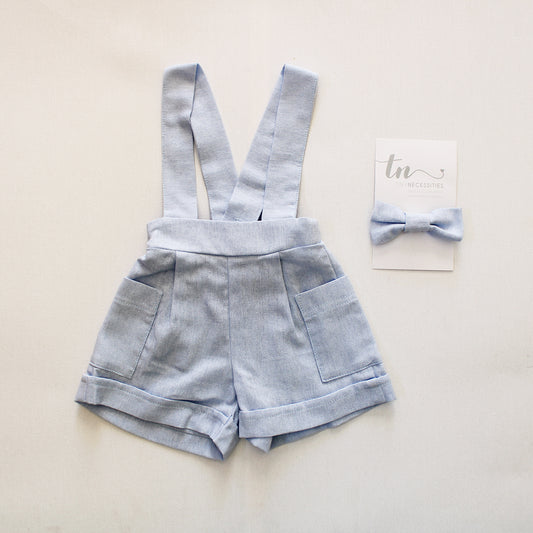 The Blue Blessing Suspender shorts (accessories + onesie sold separately)