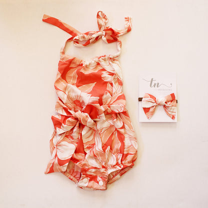 Halter-neck Romper - Coral Floral (headband sold separately)