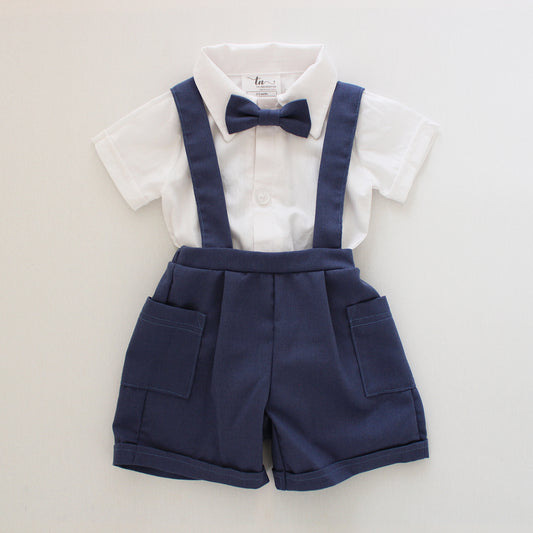 Midnight Blue Suspender shorts (bow tie + onesie sold separately)