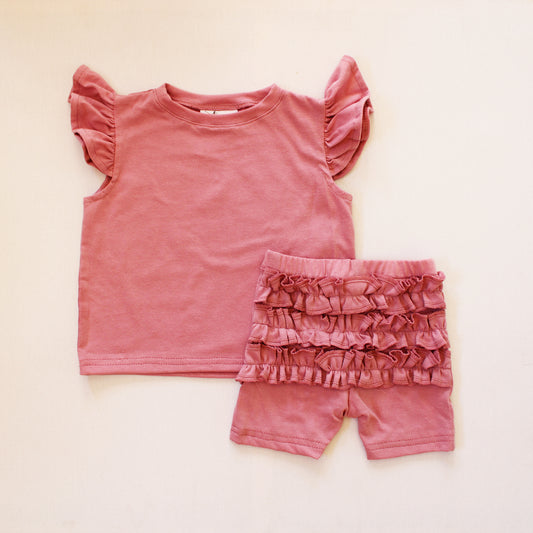 Short Sleeve Frilly Top - Dusty Pink (ski pants sold separately)