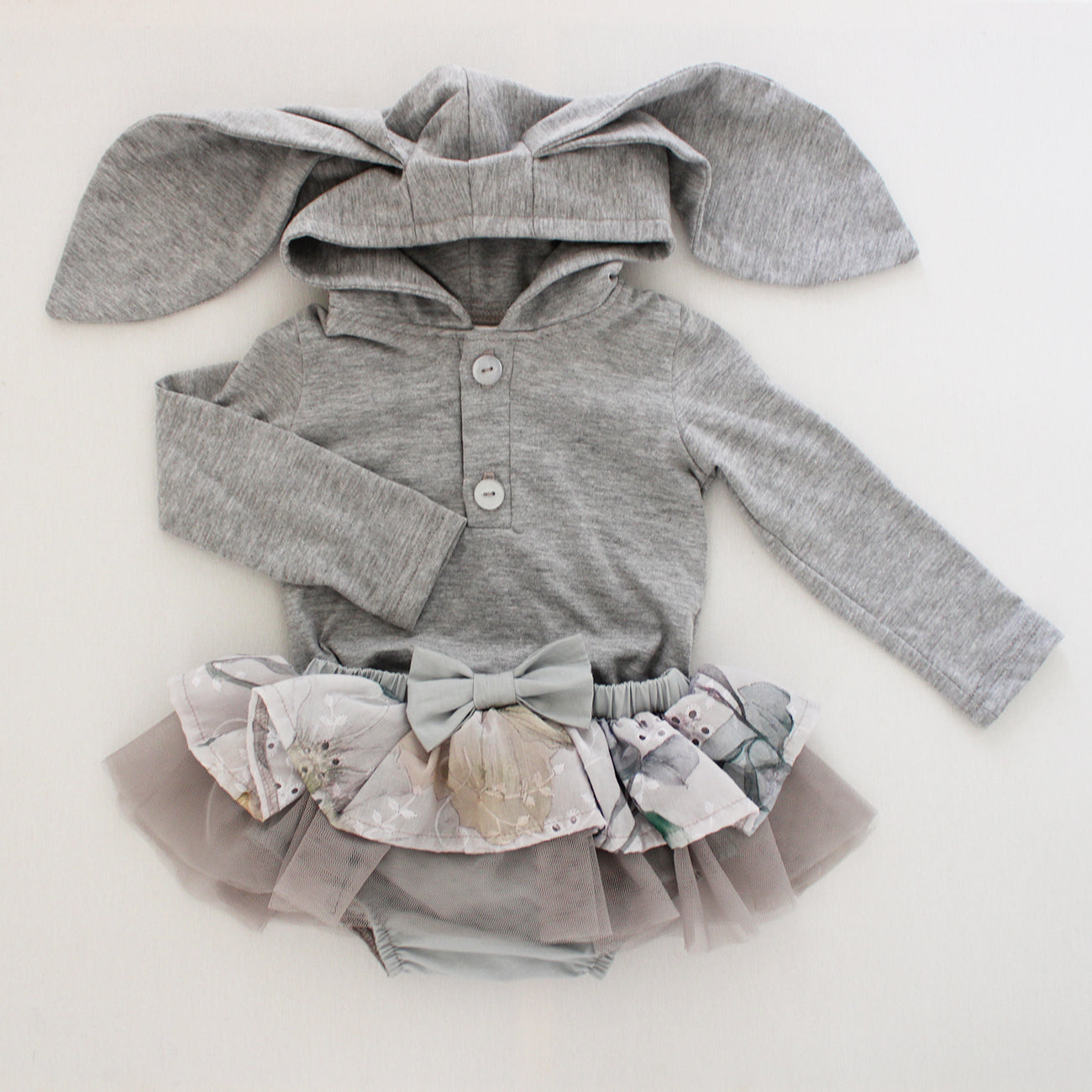 Hooded Bunny Onesie - Long Sleeve - Grey Melange (matching tights sold separately)