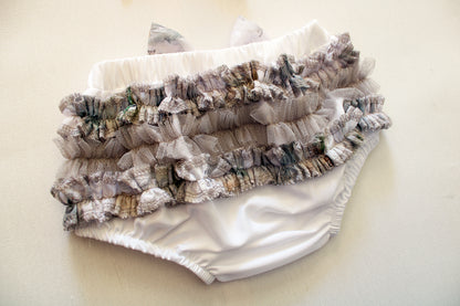 Frilly Bum Bloomer with Headband - White/Grey (sold as a set)