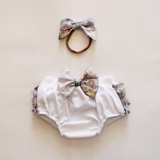 Frilly Bum Bloomer with Headband - White/Grey (sold as a set)