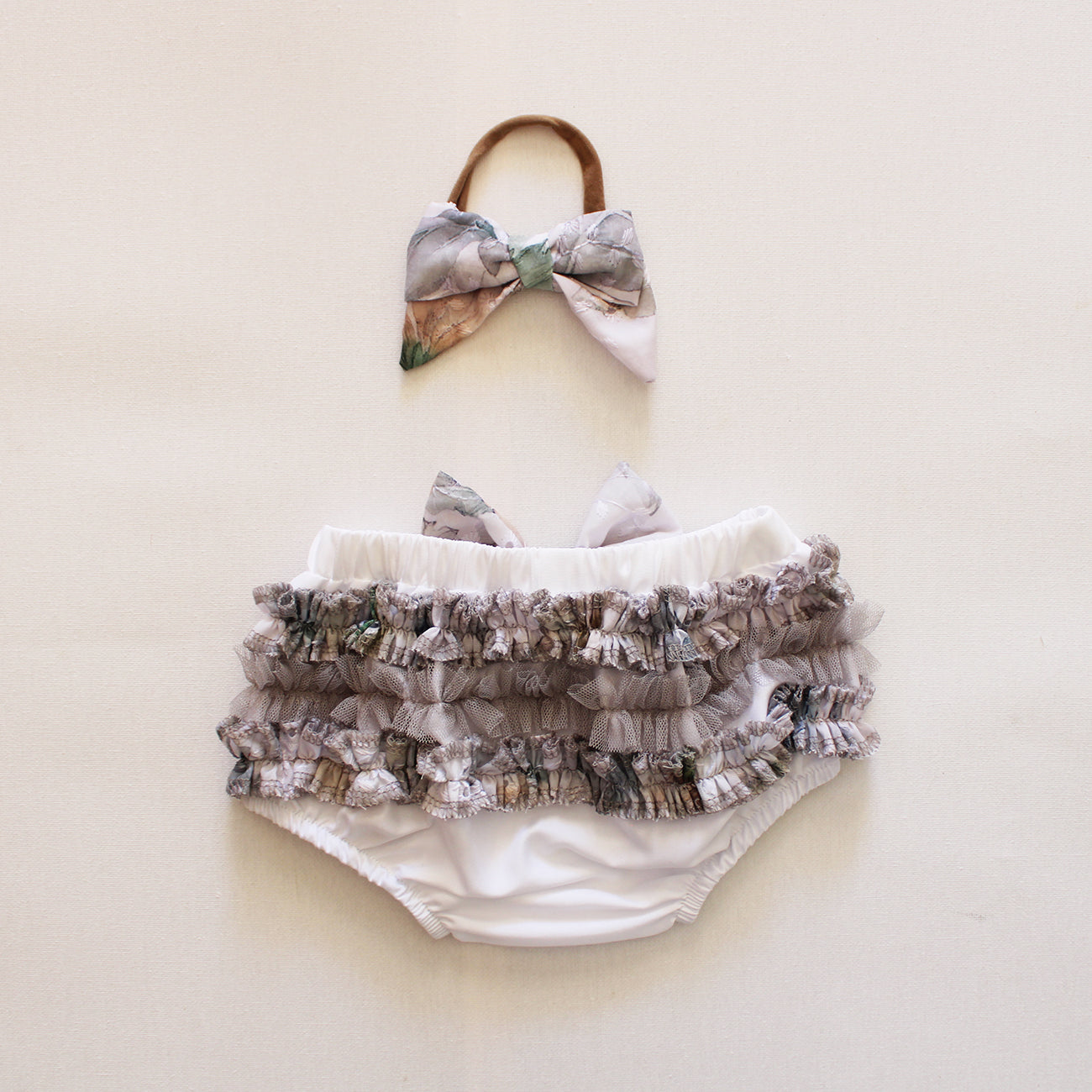 Frilly Bum Bloomer with Headband - White/Grey (sold as a set)