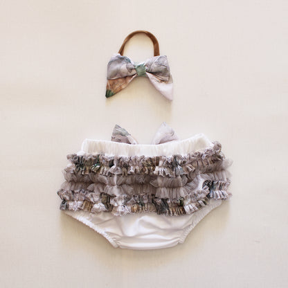 Frilly Bum Bloomer with Headband - White/Grey (sold as a set)