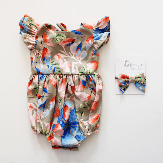 Open Back Romper - Wheat Harvest Floral (headband sold separately) limited edition