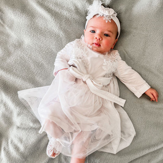 Emily long-sleeve white lace dress (headband included - booties sold separately)
