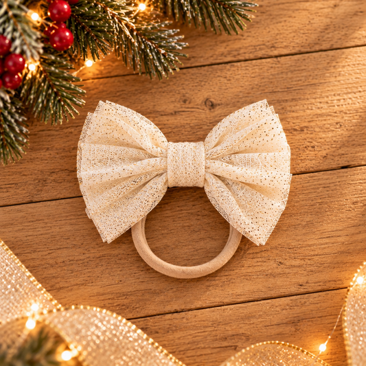 Cream/Gold Glitter Tulle Nylon Headband