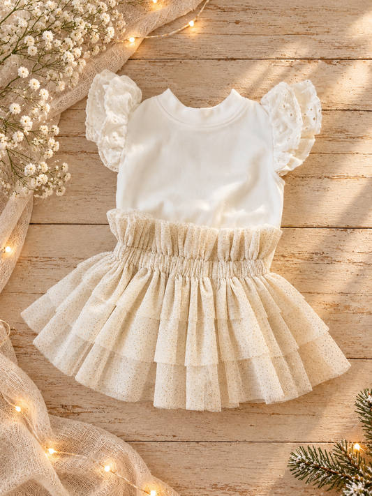 Gathered Tutu Skirt - Cream/Gold Glitter