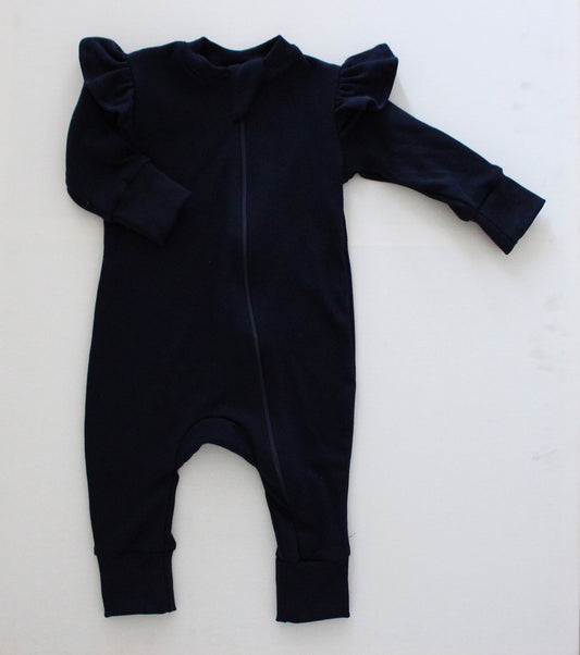 Frilly Long sleeve Zipper Onesie - Navy