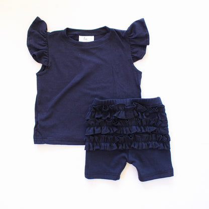 Short Sleeve Frilly Top - Navy (ski pants sold separately)