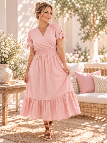 Womens Knotted Lace Short sleeve Maxi Tier Dress - Pearl Pink