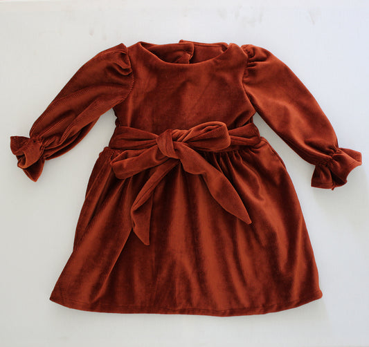 Magnolia Long Sleeve Dress - Stretch Corduroy Rust (headband sold separately)
