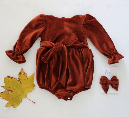 Magnolia Long Sleeve Romper - Stretch Corduroy Rust (headband sold separately)