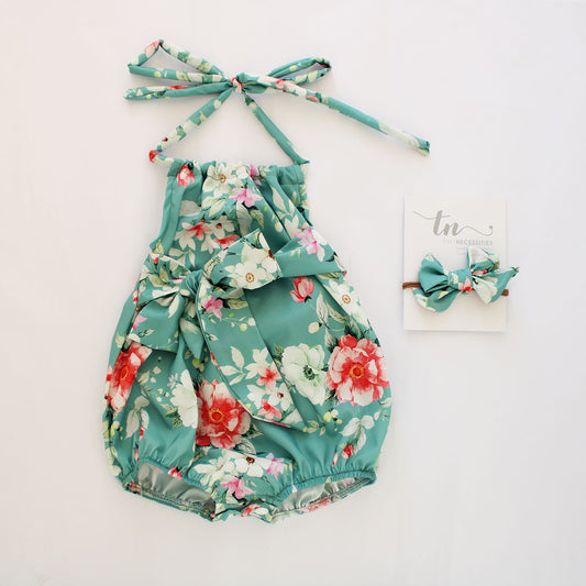 Halterneck Romper - Sage Floral (headband sold separately)