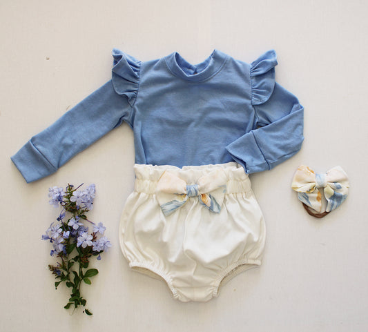 Frilly long sleeve Onesie - Sky Blue (Bloomer & Headband sold separately)