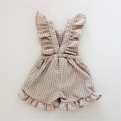 Gingham Stone/White Frilly Dungaree