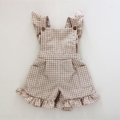 Gingham Stone/White Frilly Dungaree