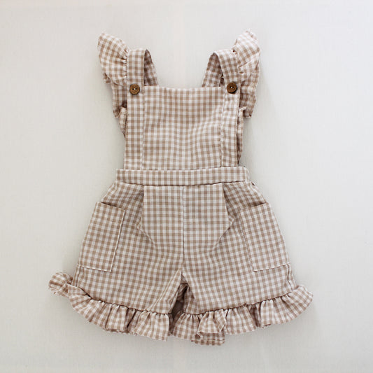 Gingham Stone/White Frilly Dungaree