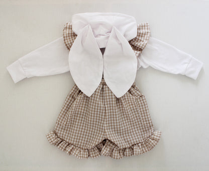 Gingham Stone/White Frilly Dungaree
