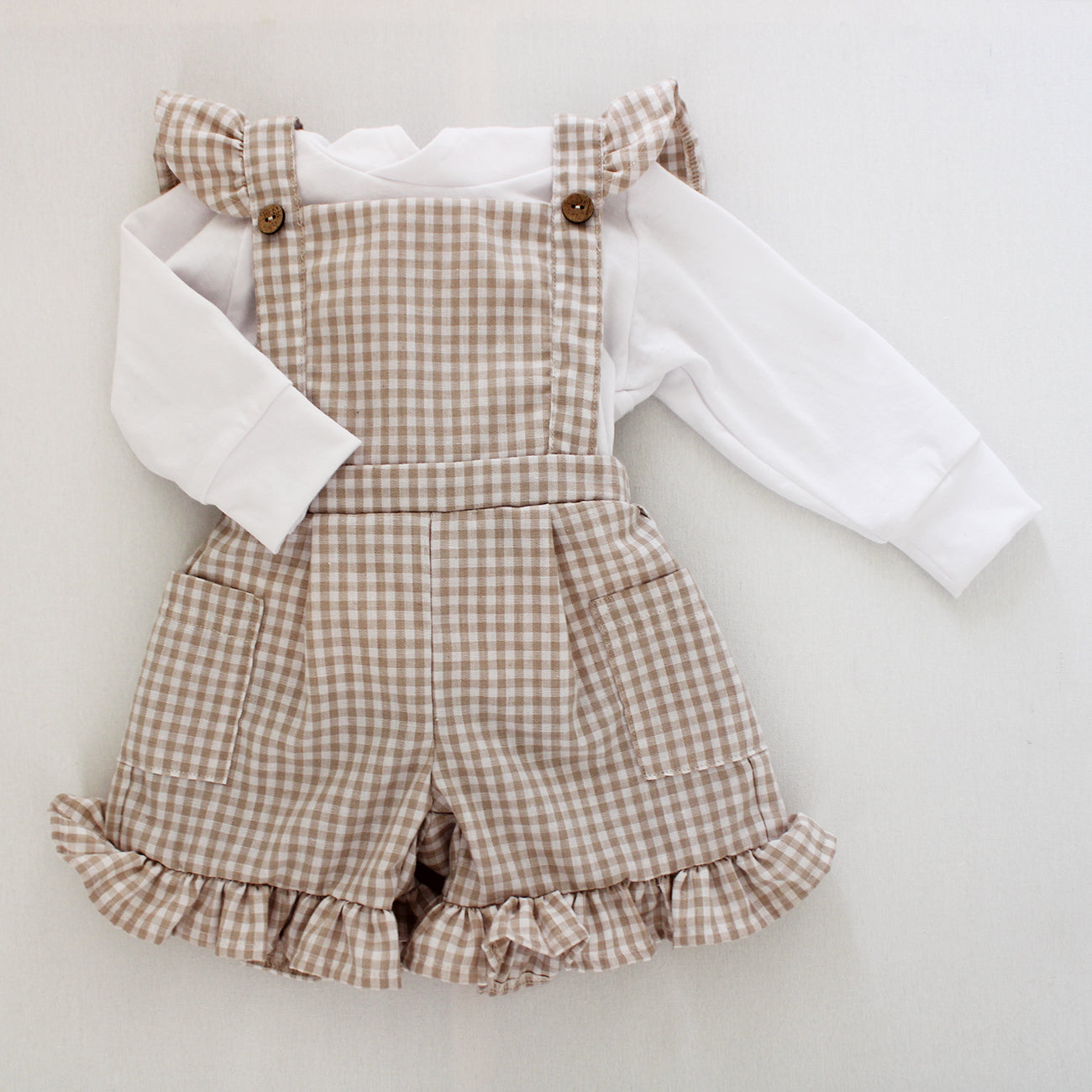 Gingham Stone/White Frilly Dungaree