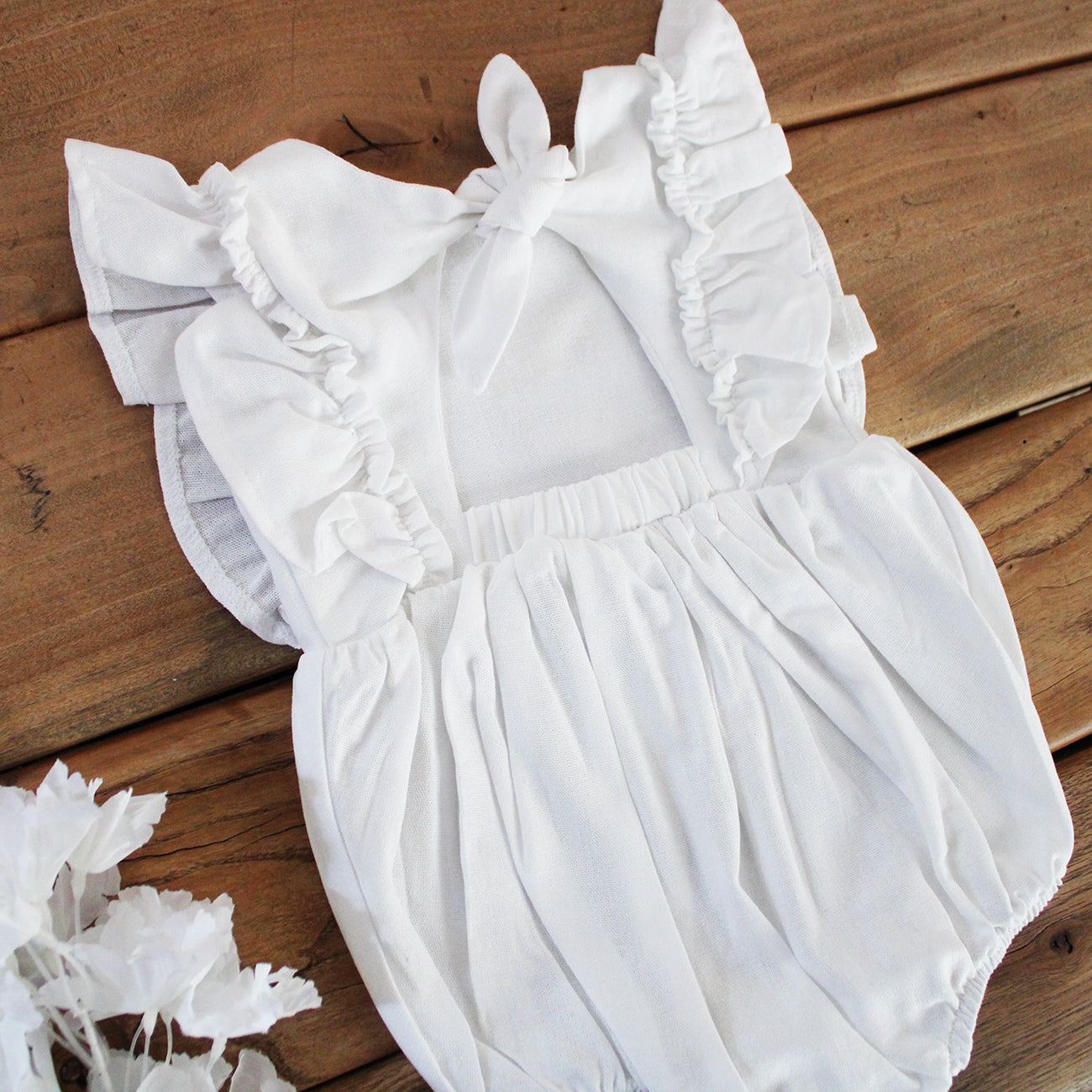 Open Back Frilly Romper - White Linen (accessories sold separately)