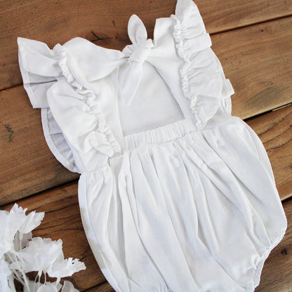 Open Back Frilly Romper - White Linen (accessories sold separately)