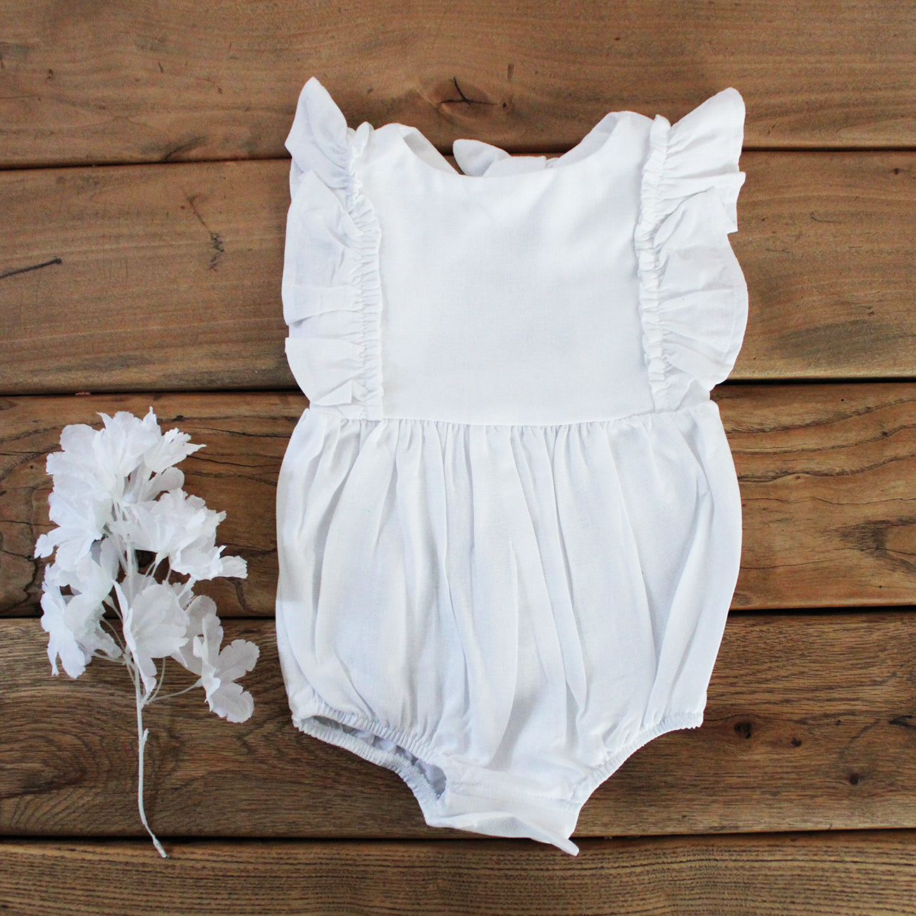 Open Back Frilly Romper - White Linen (accessories sold separately)