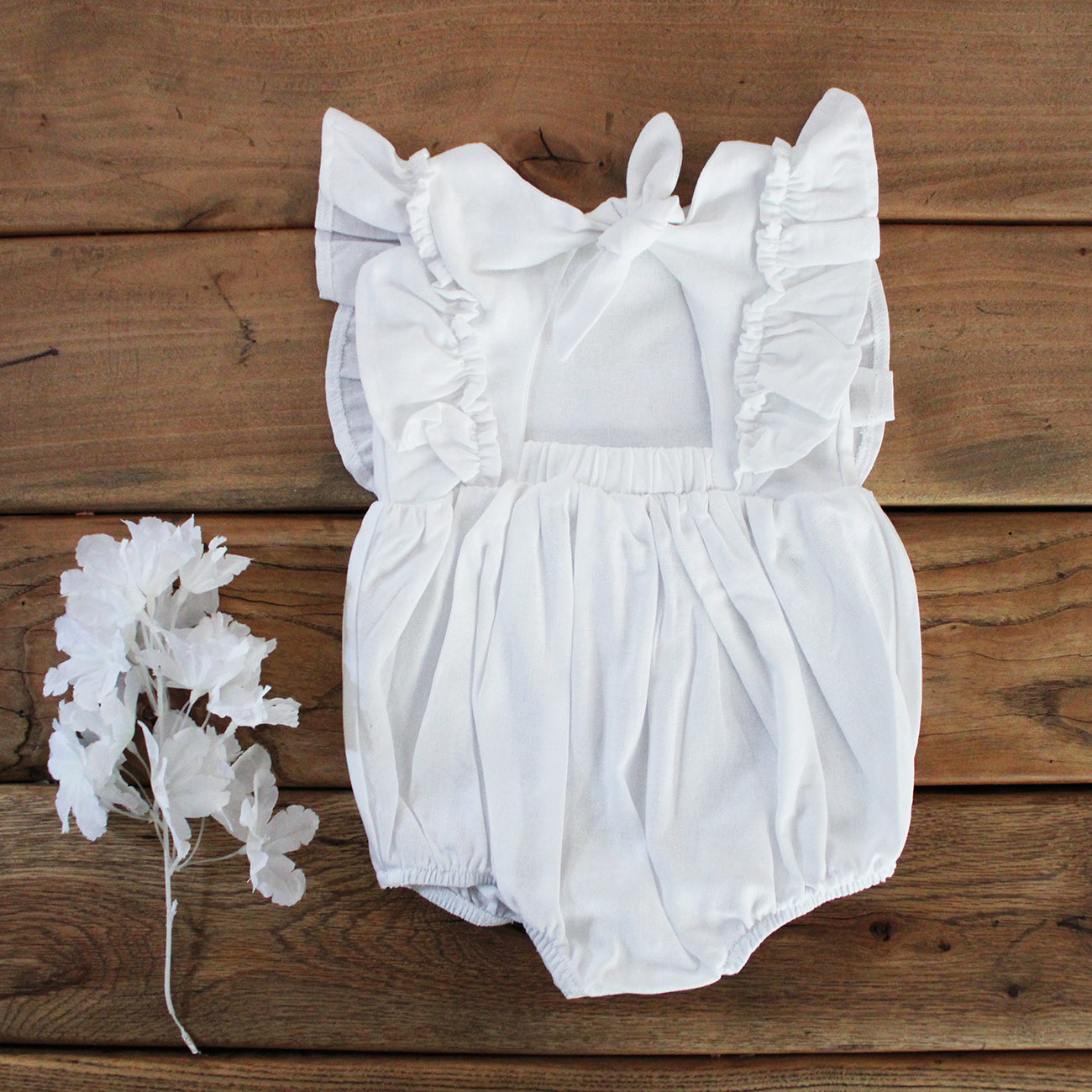 Open Back Frilly Romper - White Linen (accessories sold separately)