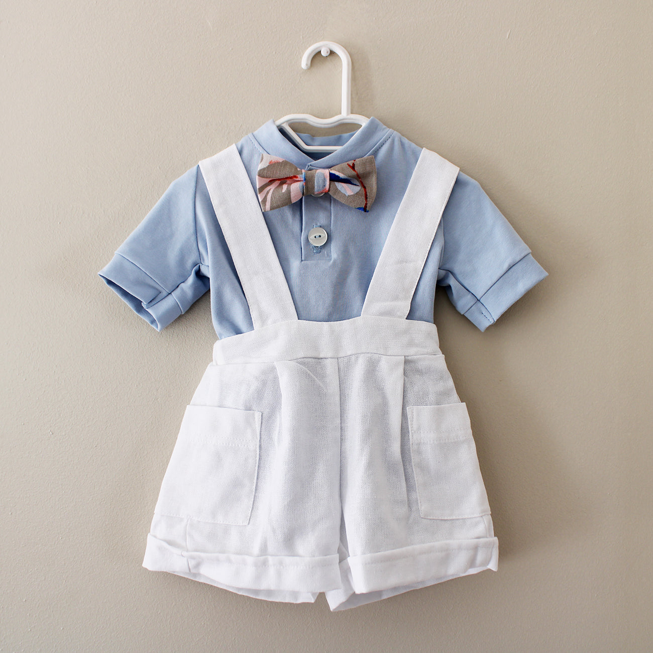 White Linen Suspender shorts (accessories + onesie + waistcoat sold separately)