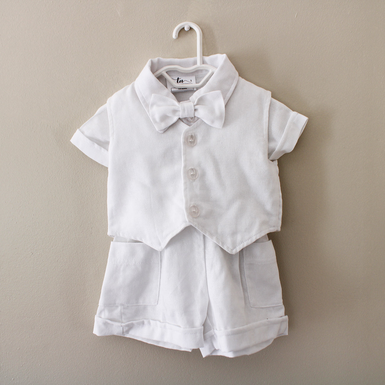 White Linen Suspender shorts (accessories + onesie + waistcoat sold separately)